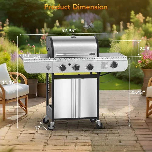 Miniatura 5 de Barbacoa de 3 quemadores de gas propano con quemador lateral, parrilla de barbacoa de acero inoxidable con rejillas de hierro fundido esmaltadas