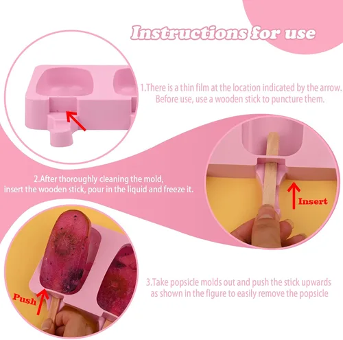 Miniatura 7 de WMKGG Juego de moldes de silicona para paletas, 2 piezas moldes para helado con 50 palitos de madera para cake pop, paletas de hielo, cakesicles Rosa