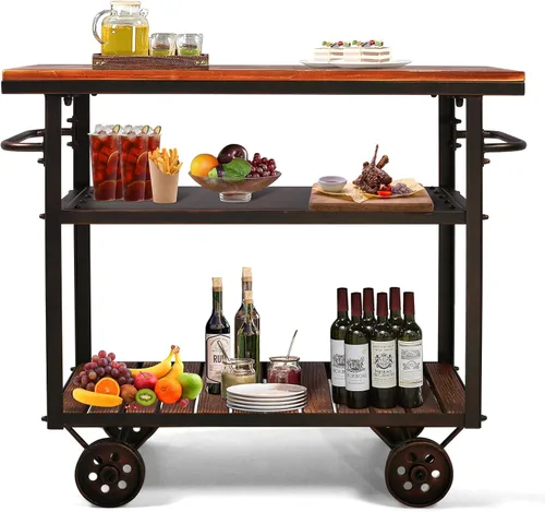 Miniatura 7 de Topower Carrito de bar industrial, carrito de servicio con ruedas y asa, carrito de metal para bebidas de 3 niveles con bandeja extraíble y estantes