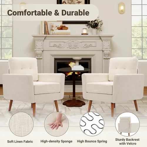 Miniatura 6 de Tbfit Sofá individual de tela de lino, silla de acento, sillón moderno de mediados de siglo para sala de estar, dormitorio, tapizado con botones