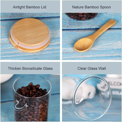 Miniatura 3 de Tarro de vidrio con tapa y cuchara de bambú, paquete de 8 recipientes de té de 10 onzas para té de hojas sueltas, recipientes de sal y azúcar