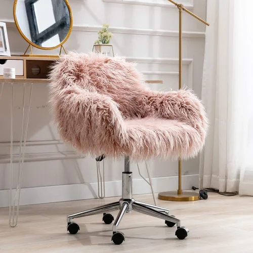Miniatura 17 de HomVent Silla de escritorio esponjosa de piel sintética rosa, silla giratoria ajustable para computadora con ruedas, altura ajustable, bonita silla