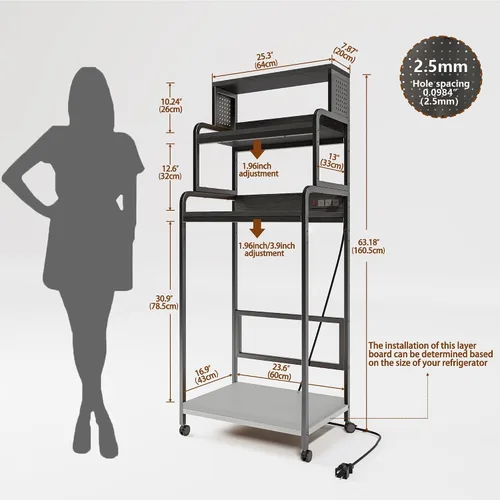 Miniatura 2 de COCOLUCKY Soporte de tablero de clavijas para nevera mini de 4 niveles con almacenamiento, gabinete para nevera mini con toma de corriente, estante