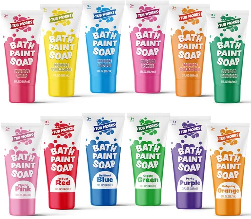 Tub Works® Jabón de pintura de baño, paquete de 12 | Pintura de bañera no tóxica, lavable para niños pequeños y niños | Pintura de dedos en la