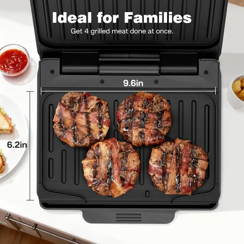 Miniatura 5 de KEINVE Parrilla eléctrica de 2 porciones y prensa Panini, revestimiento antiadherente resistente, bandeja de goteo atrapa grasa, color negro