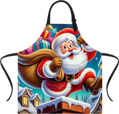 Miniatura 19 de Delantal de Navidad de THISFIND con 2 bolsillos, cuello ajustable para mujeres, hombres y adultos, ideal para cocina, parrilla, horneado