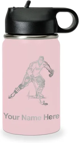 Miniatura 78 de LaserGram Botella de agua personalizada, jugador de hockey, acero inoxidable de doble pared aislada al vacío con popote superior, regalo grabado