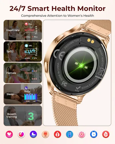 Miniatura 5 de Relojes inteligentes para mujeres, pantalla AMOLED de 1.27" con monitor de fitness, frecuencia cardíaca, SpO2, monitor de sueño, 3 bandas, más