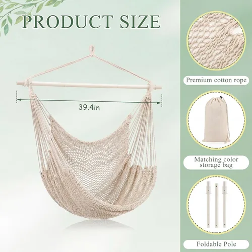Miniatura 2 de Barydat 2 sillas colgantes tipo hamaca estilo bohemio, para exteriores e interiores, cómoda cuerda de algodón suave, con barras de metal Beige