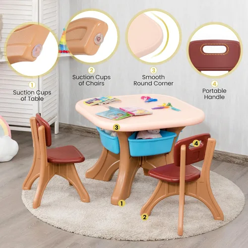 Miniatura 7 de DORTALA Juego de mesa y silla para niños, mesa de actividades de plástico para niños y 2 sillas con cubos de almacenamiento, mesa y sillas para Café