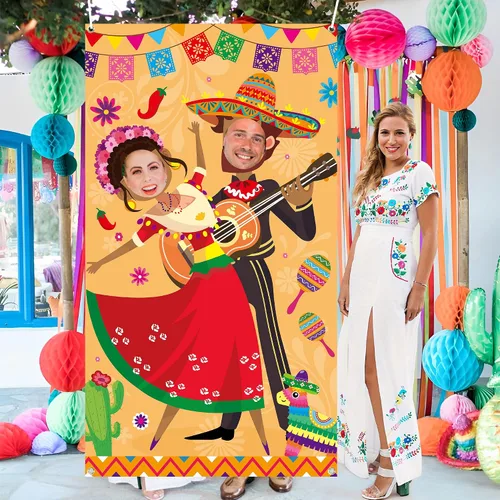 Miniatura 5 de Xqumoi Cartel para puerta de fotos de fiesta, decoración de fiesta, divertido y grande de tela mexicana del Cinco de Mayo, accesorio para fotos