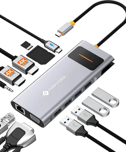 NOVOO Estación de acoplamiento USB C Monitor dual HDMI para laptop Dell HP Tipo USB C Hub Adaptador multipuerto Thunderbolt 3 Dongle a 2 HDMI 4K Gris