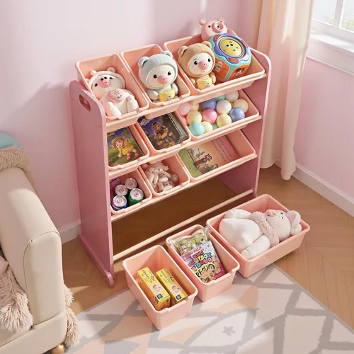 Miniatura 2 de VECELO Organizador de almacenamiento de juguetes para niños de gran capacidad con 12 contenedores - Estante de madera para juguetes para niños Rosa