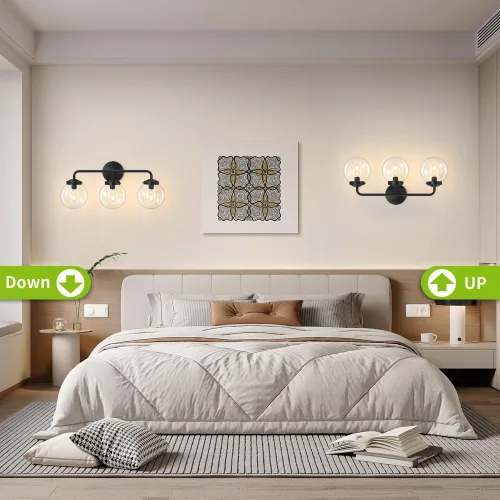 Miniatura 6 de Lámparas de Tocador de Baño Negras Sobre Espejo, Aplique de Pared Moderno Negro Mate de 3 Luces con Pantalla de Bola de Vidrio Transparente, Luces