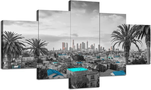 Cawpom Arte de pared de Los Ángeles en blanco y negro, cuadro decorativo para pared, diseño de horizonte de Los Ángeles, póster de palmera, marco de
