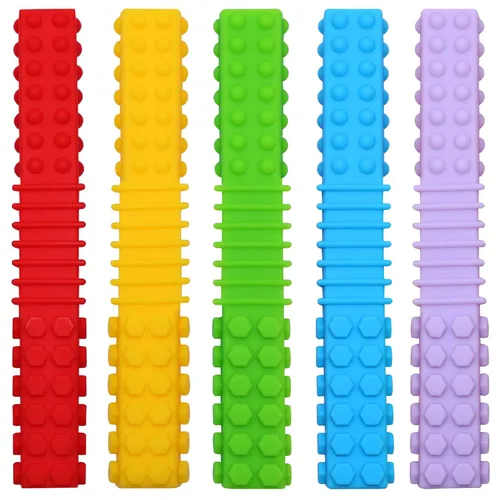 Miniatura 8 de Juguetes masticables sensoriales para niños autistas, paquete de 5 tubos masticables de silicona para dentición para autismo, TDAH, TEP, masticables
