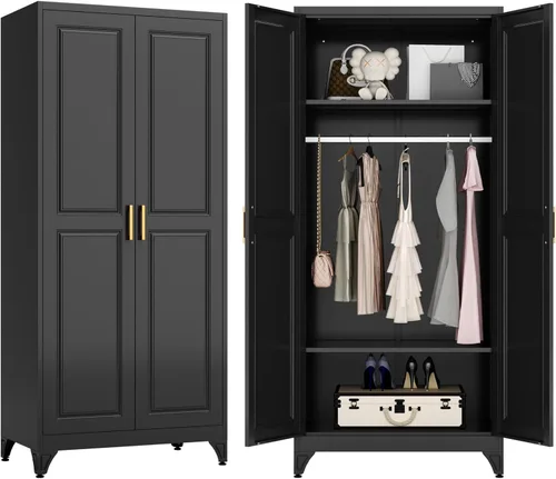 Miniatura 9 de Armario de almacenamiento de metal con puertas, armario pequeño de armario, armario de pared de almacenamiento negro, gabinetes de ropa de 15