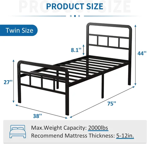 Miniatura 2 de Base de cama individual de 18 pulgadas con cabecero y estribo, plataforma de metal resistente, no necesita somier, base de colchón de fácil montaje