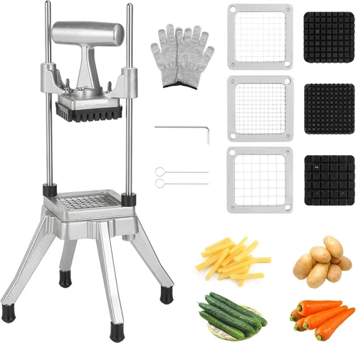 Cortadora comercial de verduras y cortador de papas fritas de acero inoxidable - Incluye 3 tamaños de cuchillas (1/2", 3/8", 1/4") - Perfecto para