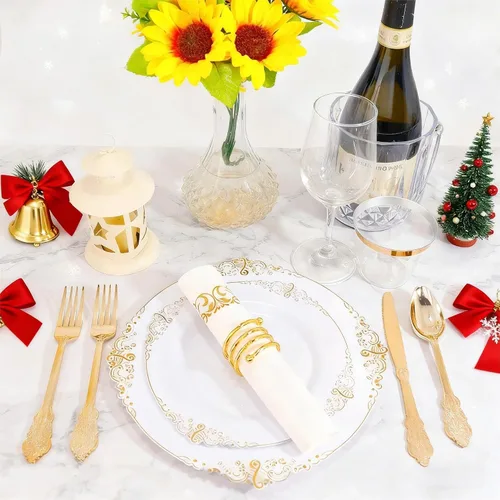 Miniatura 5 de Liacere 50 platos de plástico dorado – platos desechables de postre – platos dorados y blancos de 7.5 pulgadas – Platos de plástico blanco y dorado