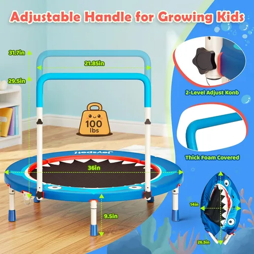 Miniatura 3 de Premium 3FT Foldable Toddler Trampoline for Kids Ages 3-6, 36 Inch ASTM Certified Mini Trampoline with Adjustable Handle, 100 lbs Capacity, Quiet