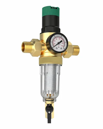 Regulador de presión de agua, con filtro de sedimentos giratorio y medidor para el hogar, 50 micras, MNPT de 1.25 pulgadas + 1 pulgada FNPT + 1