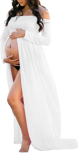 Mommy Jennie Vestido de maternidad con hombros descubiertos, manga larga, frente dividido, vestido de gasa para sesión de fotos