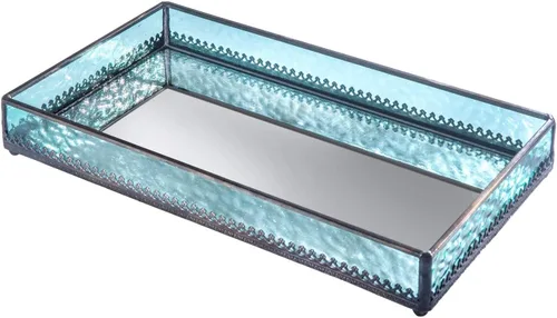 Miniatura 7 de Bandeja de cristal azul turquesa con fondo de espejo, decorativa para baño, tocador, cosméticos, maquillaje, exhibición, soporte para perfumes