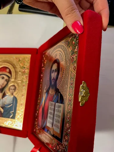 Miniatura 6 de Cristo, maestro y virgen de kazán, icono ortodoxo, díptico en funda de terciopelo sintético rojo, Virgen María y Cristo de 8 pulgadas, regalo