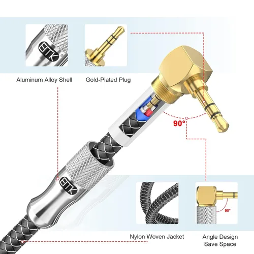 Miniatura 6 de EMK Cable auxiliar en ángulo recto, cable de audio estéreo de 90 grados de 0.138 in macho a macho - nailon trenzado, chapado en oro para automóvil