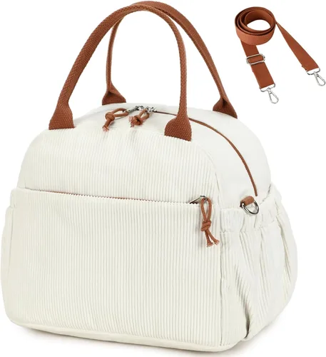 Miniatura 33 de Bluboon Bolsa de almuerzo para mujer, bonita bolsa de almuerzo de pana con correa para el hombro, reutilizable, aislada, gran capacidad