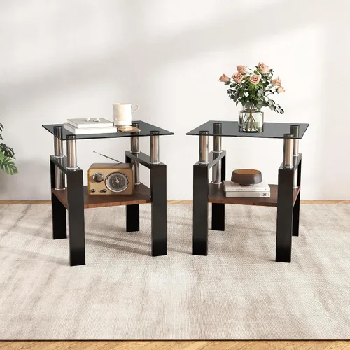 Miniatura 8 de Meihua Mesa auxiliar de vidrio para espacios pequeños, mesa auxiliar cuadrada de vidrio, mesita de noche moderna de 2 niveles con patas de metal