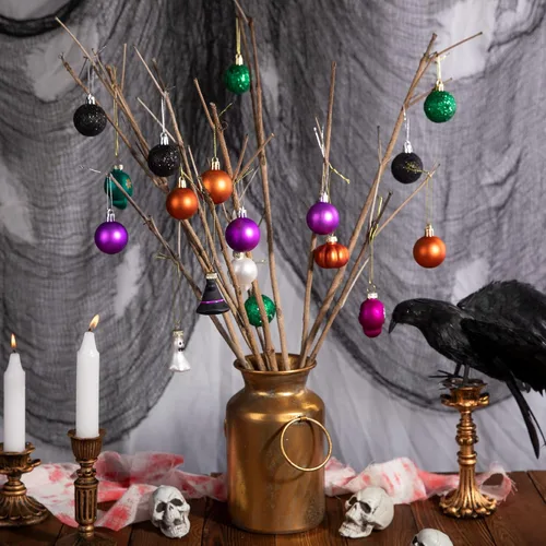 Miniatura 4 de Deloky 24 bolas de adorno de Halloween con purpurina, bolas colgantes inastillables de Halloween de 1.6 pulgadas, adornos brillantes de árbol negro
