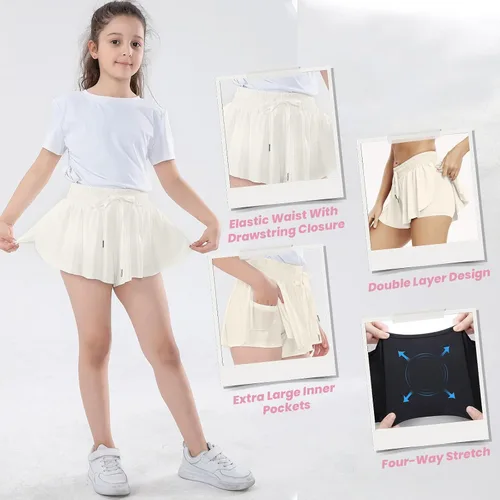 Miniatura 2 de Paquete de 3 pantalones cortos fluidos para niñas con bolsillos, 2 en 1, faldas de mariposa fluidas para jóvenes, pantalones cortos para correr