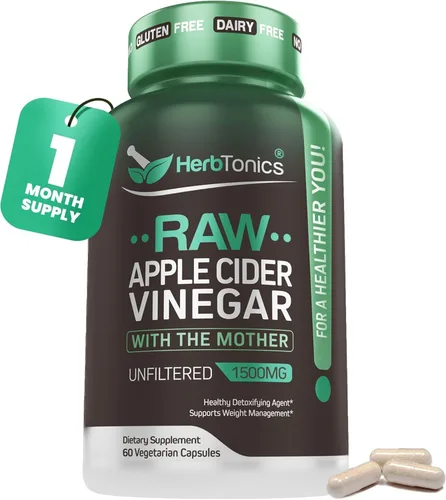Herbtonics Cápsulas de vinagre de sidra de manzana crudo de 1500 mg con la madre | Píldoras ACV sin filtrar para aliviar la hinchazón, la digestión,