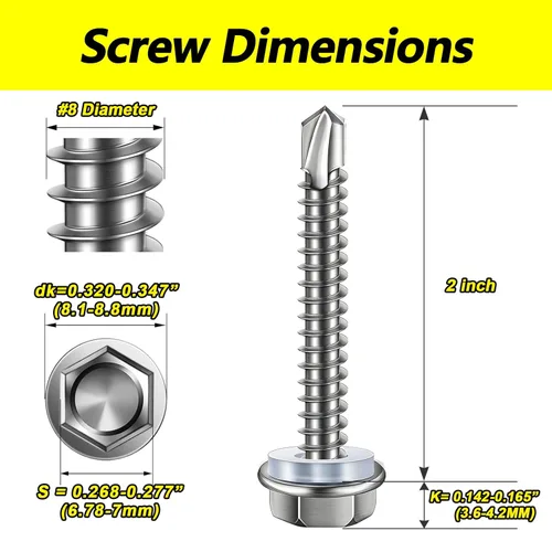 Miniatura 2 de 150 tornillos autoperforantes #8 x 2 para metal, tornillos hexagonales de acero inoxidable 410, tornillos Tek magnéticos de alta resistencia