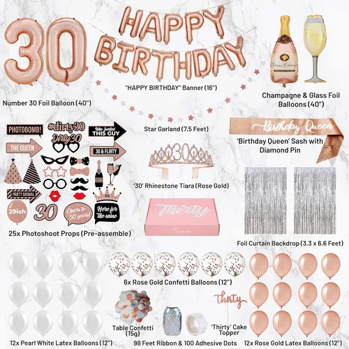 Miniatura 2 de PartyHooman Decoraciones de cumpleaños número 30 para mujer con banda de cumpleaños número 30 y tiara de diamantes de imitación Globos
