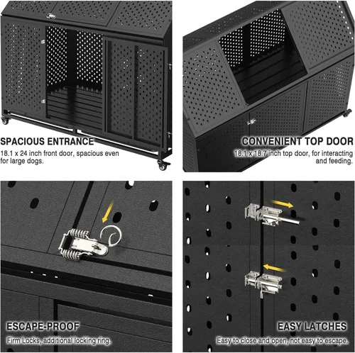 Miniatura 4 de Jaula para perros indestructible de 44 pulgadas con ruedas, jaula de acero a prueba de escapes para interiores, doble puerta, alta ansiedad