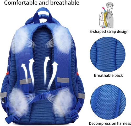 Miniatura 4 de Mochila infantil para niños de primaria, preescolar, 16 pulgadas, multifuncional, linda capacidad, Azul Patchwork, 16 pulgadas