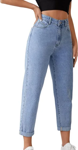 Miniatura 4 de SweatyRocks Pantalones de mezclilla de cintura alta enrollables y cónicos para mujer