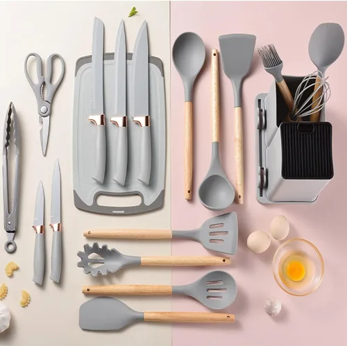 Miniatura 3 de Juego de utensilios de cocina y bloque de cuchillos de 19 piezas: 12 utensilios de cocina de silicona antiadherentes y resistentes al calor Gris