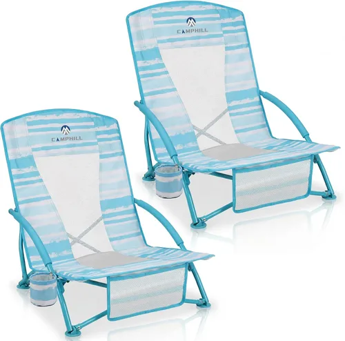 Miniatura 6 de Paquete de 2 sillas de playa bajas, sillas de asiento bajas plegables compactas para adultos con respaldo de malla, portavasos y bolsa
