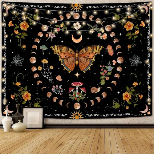 Miniatura 10 de Aipon Tapiz de flores de mariposa azul botánico bohemio para colgar en pared para dormitorio y sala de estar (36.00 pulgadas, 48.00 pulgadas, azul)