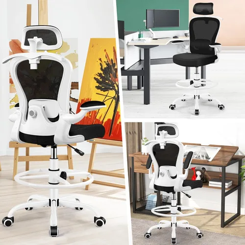 Miniatura 4 de Silla de Dibujo, Silla de Oficina Alta con Soporte Lumbar y para la Cabeza 3D, Silla Ergonómica de Malla para Escritorio de Pie con Anillo Blanco