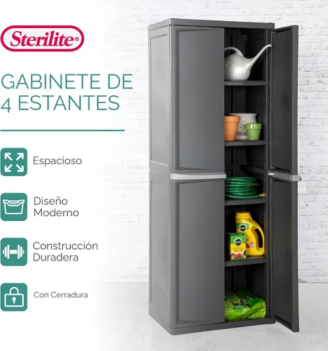 Miniatura 3 de Sterilite Gabinete de 4 estantes, almacenamiento útil con cerradura y estantes ajustables, gris - Unidad de estanterías de plástico para organizar