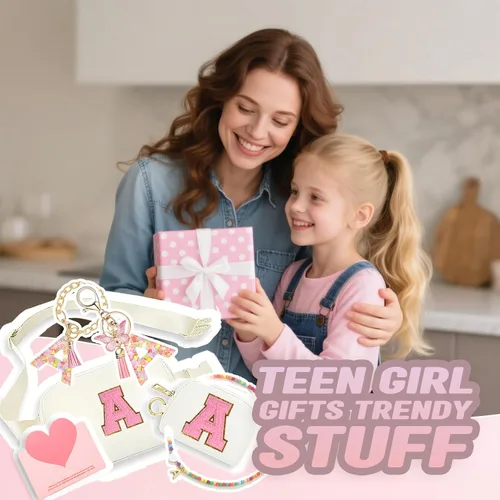 Miniatura 7 de Regalos de moda para niñas adolescentes, cangurera con monograma para niña con llavero, collar, dijes de taza, tarjeta de felicitación y caja