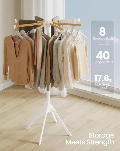 Miniatura 3 de SONGMICS Estante de secado de ropa, con varillas de bambú para colgar, estante de lavandería plegable de metal, ahorro de espacio, aireador