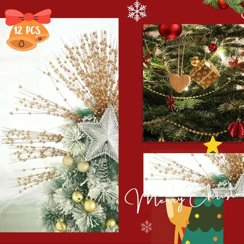 Miniatura 6 de 12 unidades de púas brillantes para árbol de Navidad, tallos de bayas con purpurina dorada, adornos de bayas artificiales, púas y ramas de Navidad