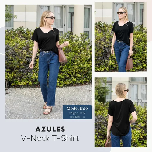 Miniatura 2 de Azules Camiseta de manga corta con cuello en V para mujer, suave, elástica, holgada, casual, transpirable, talla grande, cuello en V
