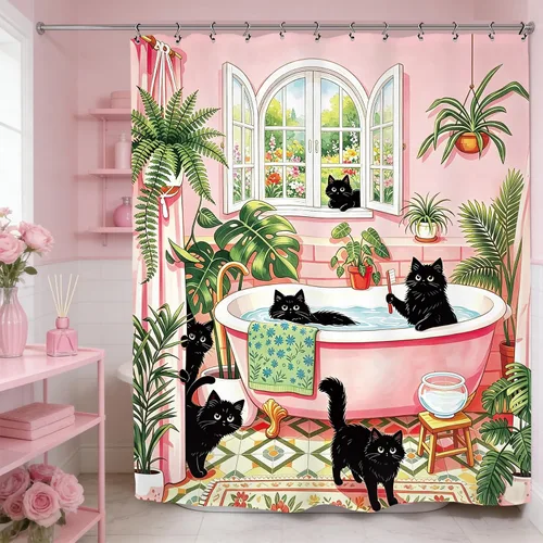 Divertida cortina de ducha con diseño de gato negro, 60 pulgadas de ancho x 72 pulgadas de largo, color rosa tropical, verde, bonito juego de baño